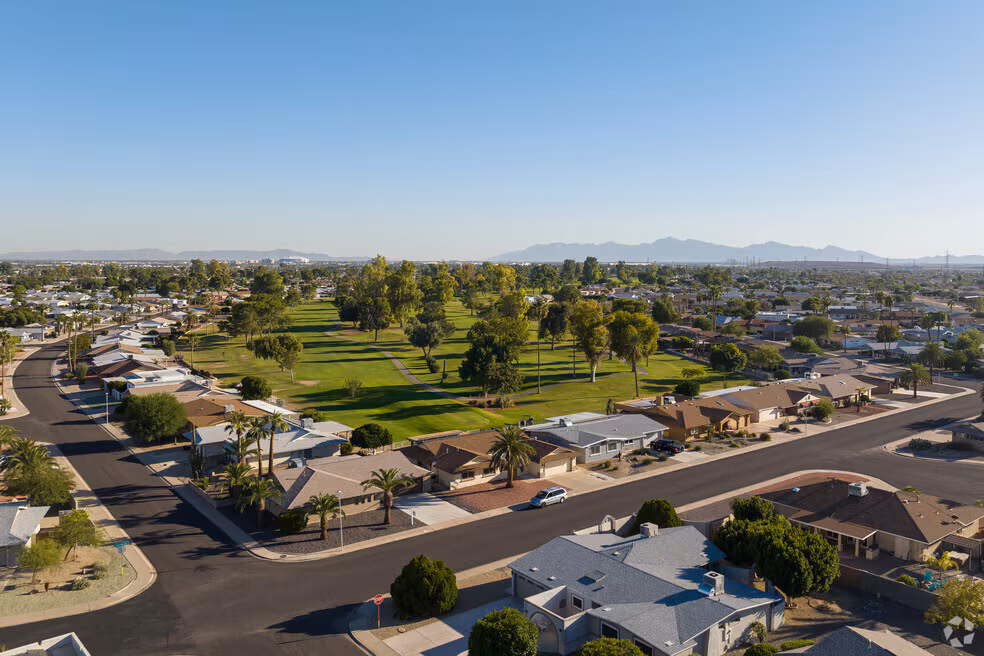 Aerial view of suburban neighborhood.